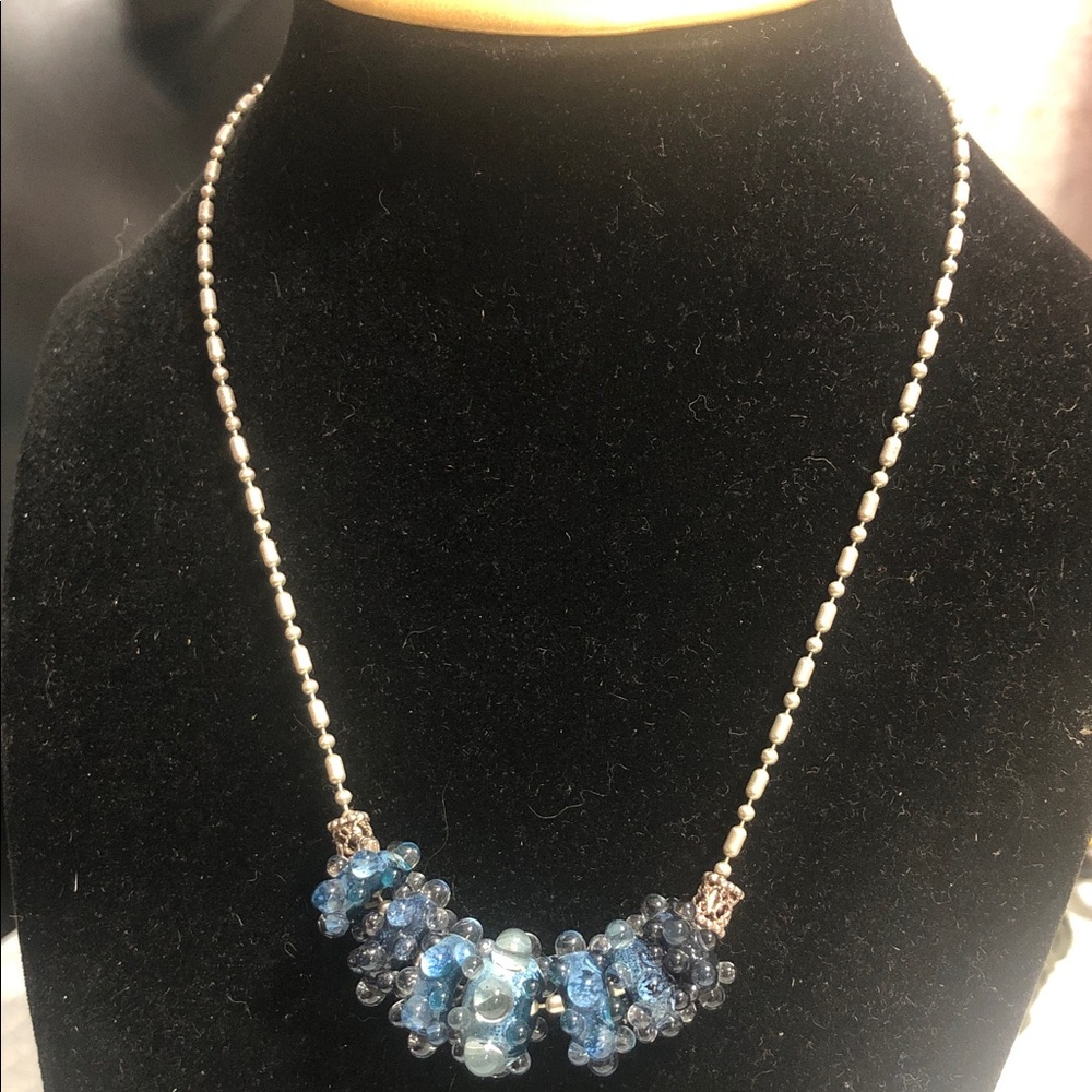 Blue Cluster Bead Necklace with Silver Chain - Women Jewelry